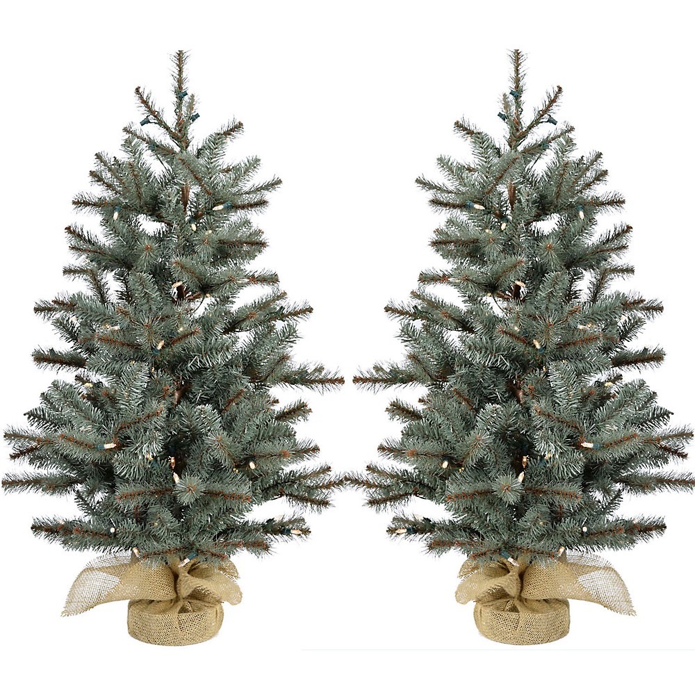 Fraser Hill Farm 3-Ft. Heritage Pine Artificial Trees with Burlap Bases and LED String Lights, Set of 2