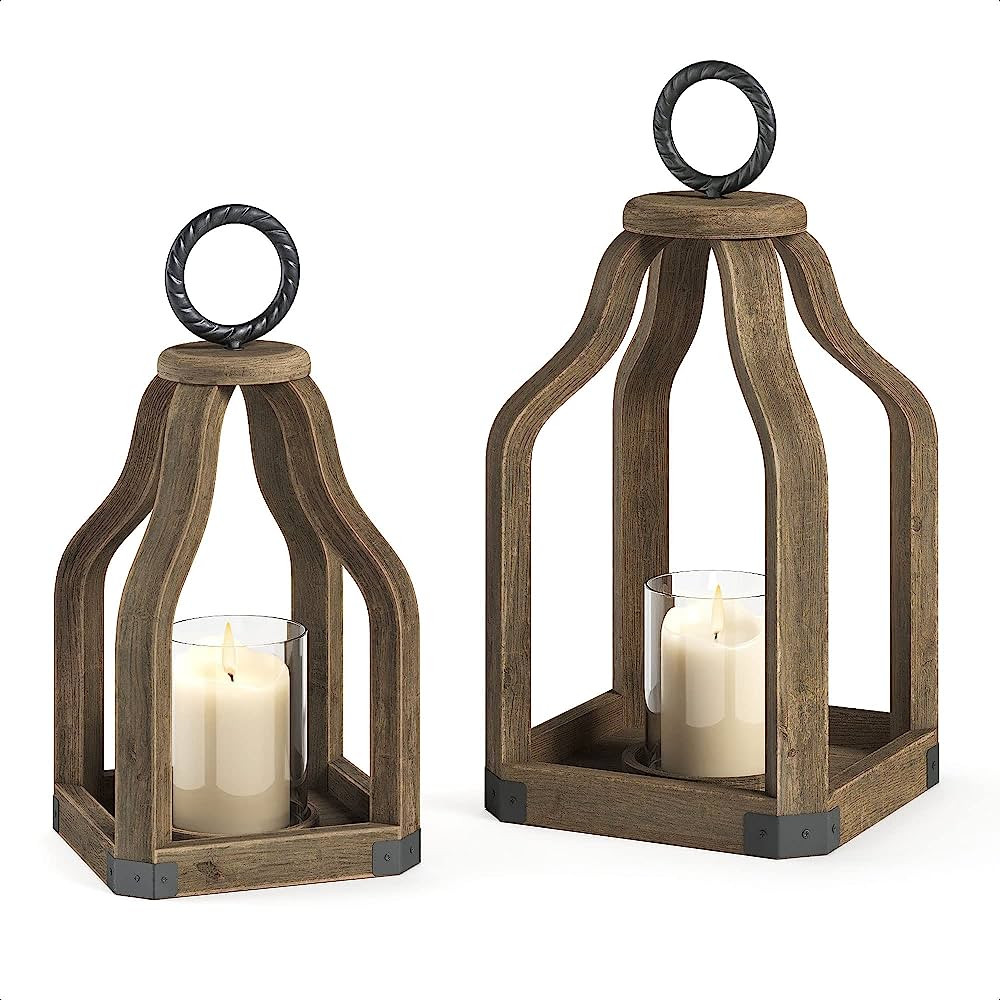 Vinkor Rustic Wood Candle Lanterns, 2-Pack