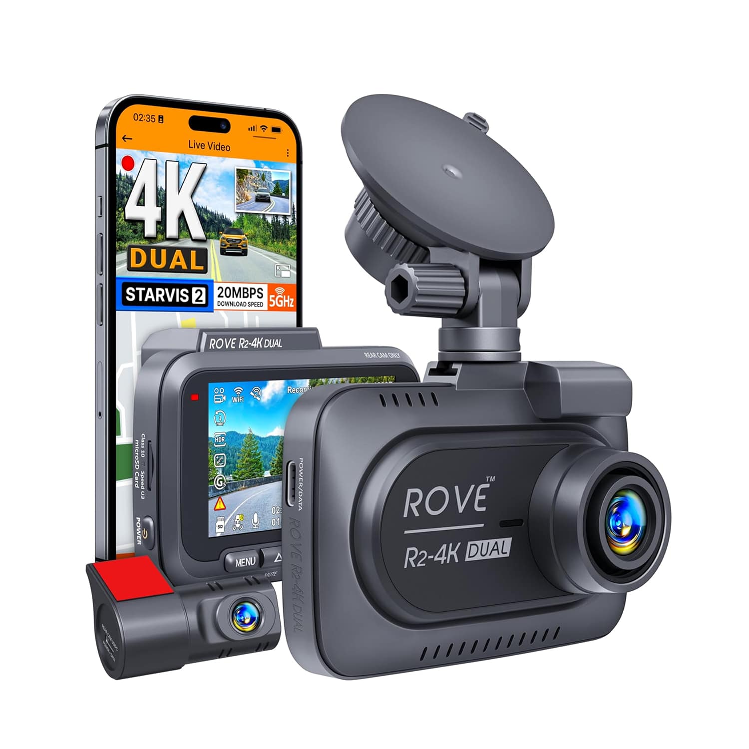 ROVE R2-4K DUAL Dash Cam Front and Rear
