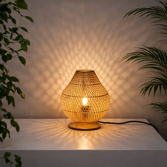 Fimego Rattan Table Lamp, Boho