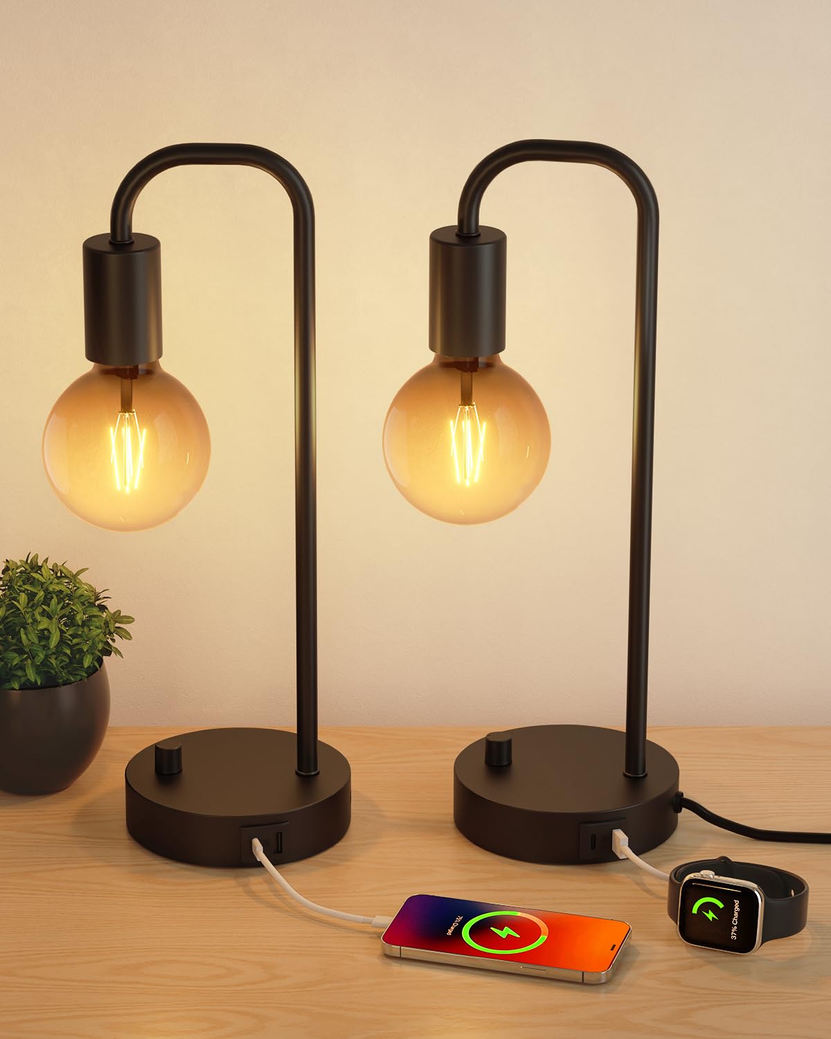 ONEWISH Bedside Lamp with USB, 2-Pack