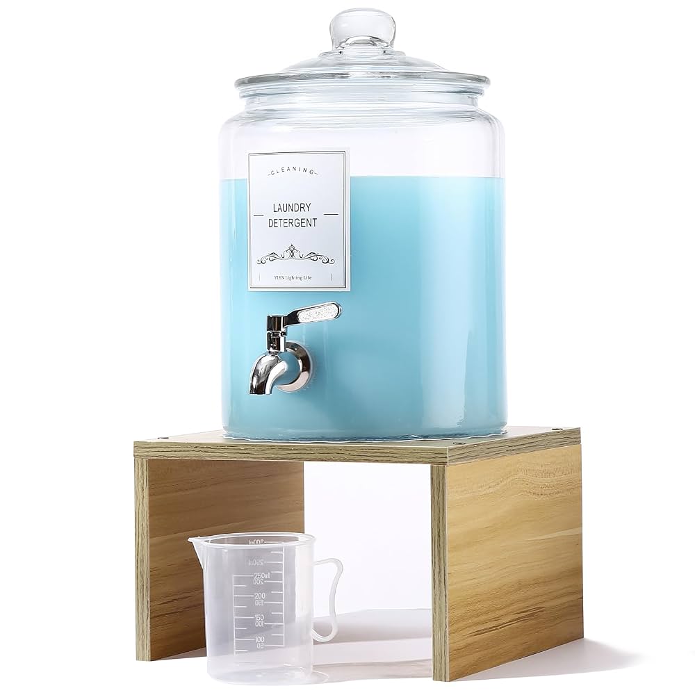Glass Laundry Detergent Dispenser with Wooden Stand